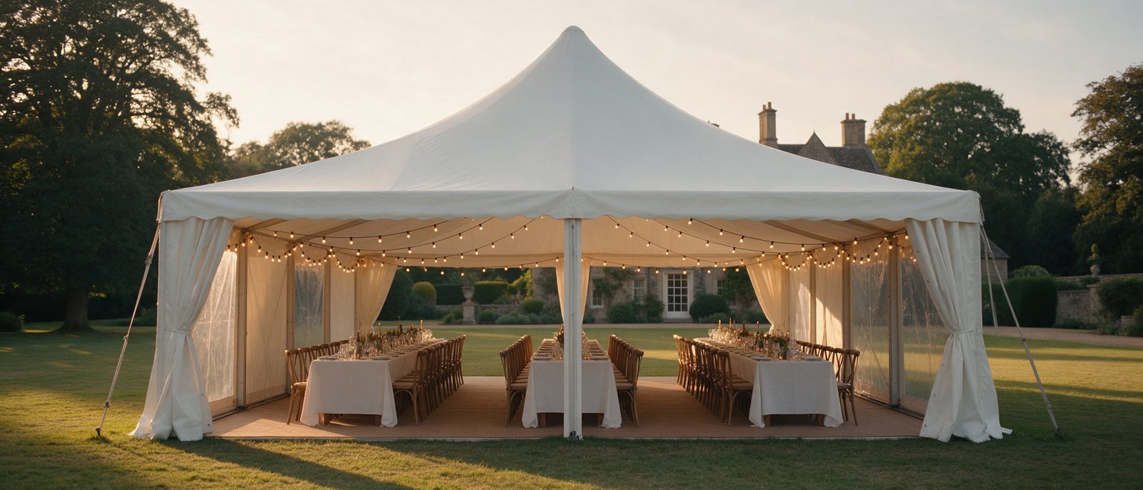 AI-generated image of an event marquee on a country house lawn at golden hour