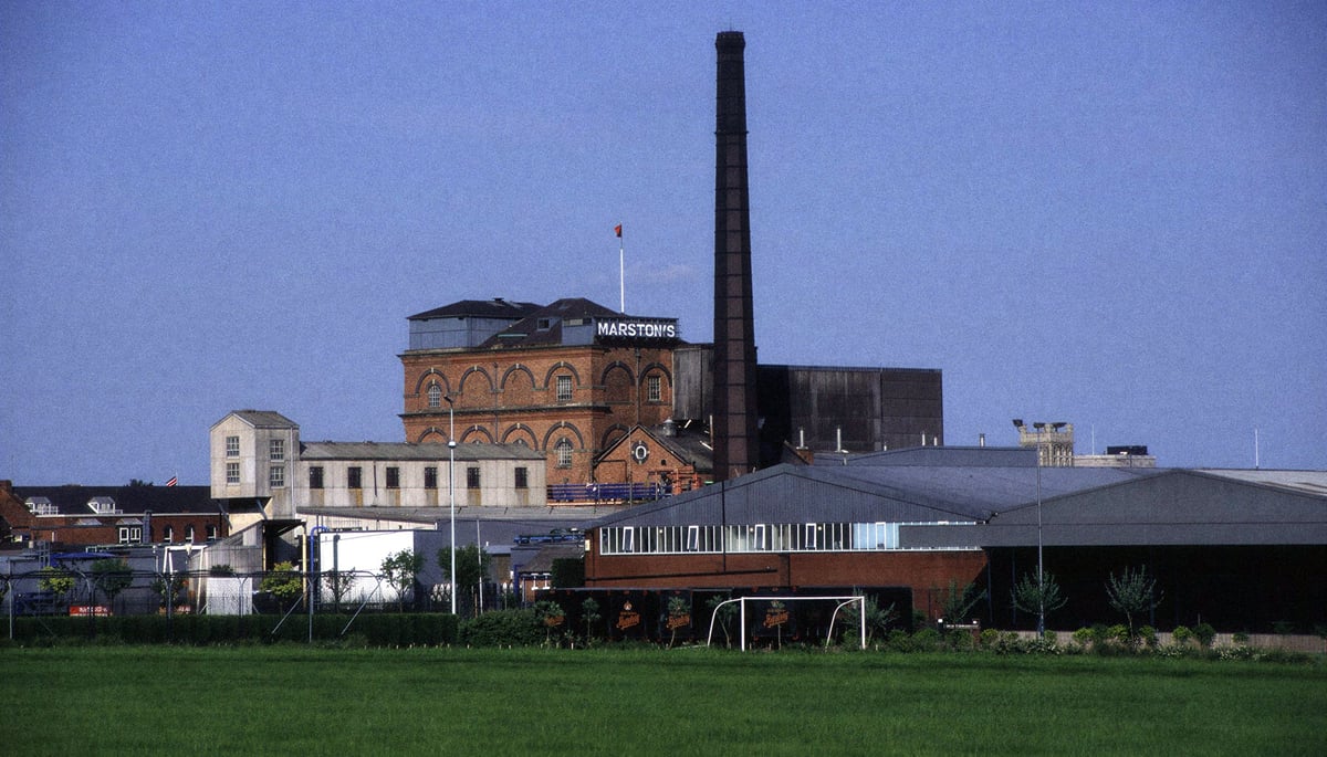 Marston's Brewery in Burton upon Trent, with its chimney and red-brick brewhouse