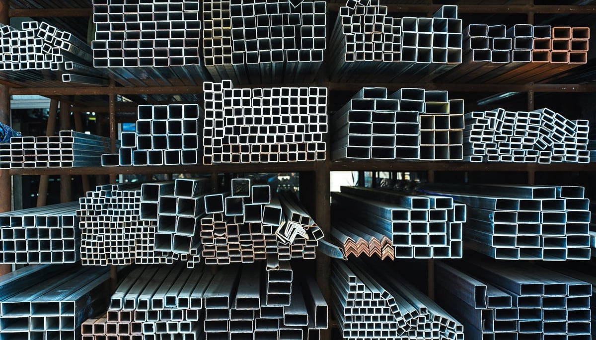 Racks of steel box section and tube in a steel stockholder's warehouse