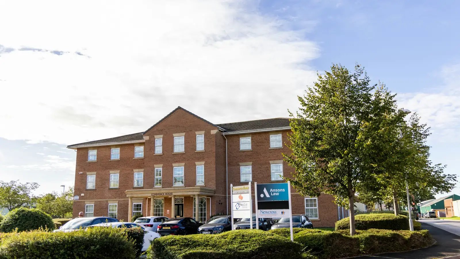 The Ansons Law sign at the entrance to Commerce House, Ridings Park, Cannock