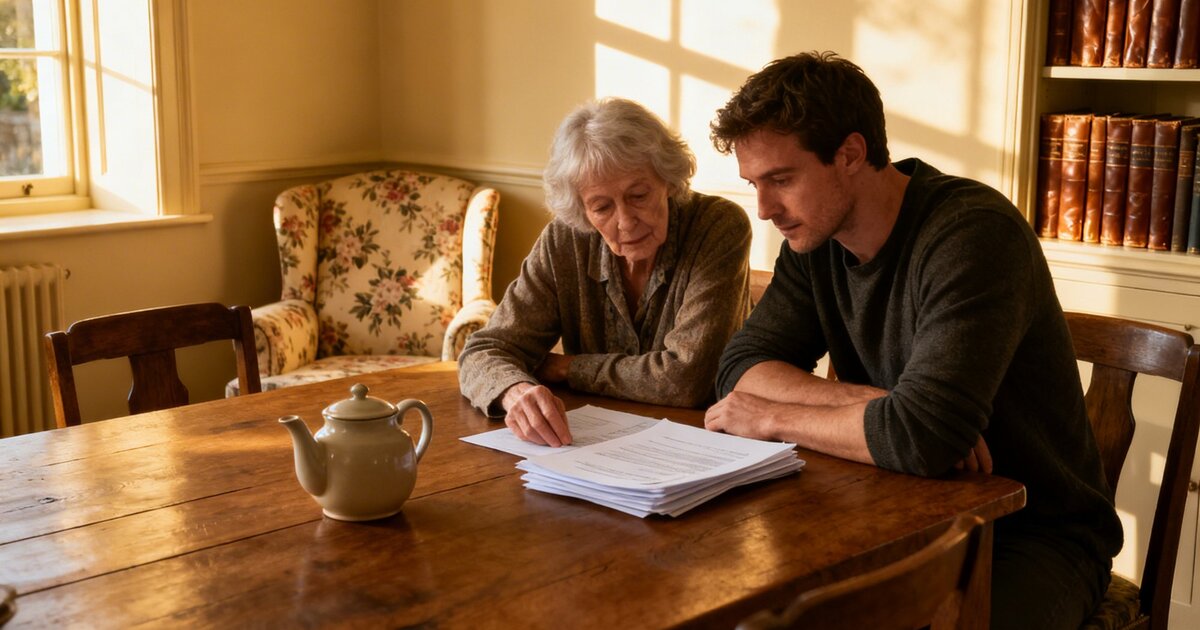 Elderly woman and her adult son reviewing documents together at a dining table at home